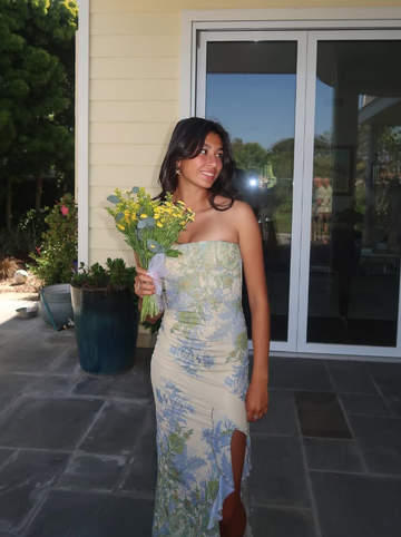 Retro Blue Print Floral Strapless Satin Long Outfit Party Dress 18 Birthday Dress HZ1023